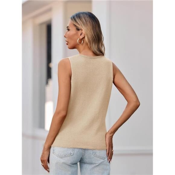 ✨ Tie Front Crochet Knit Sweater Vest – Ribbed Sleeveless Tank Top - Picture 3 of 5